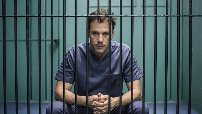 Man behind bars in prison, representing domestic violence accusation and emotional struggle in a confined space. Man behind bars in prison, representing domestic violence accusation and emotional struggle in a confined space.