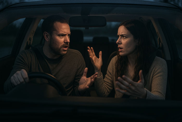 Man and woman arguing intensely inside a car, portraying conflict and lack of empathy in a domestic setting. Man and woman arguing intensely inside a car, portraying conflict and lack of empathy in a domestic setting.