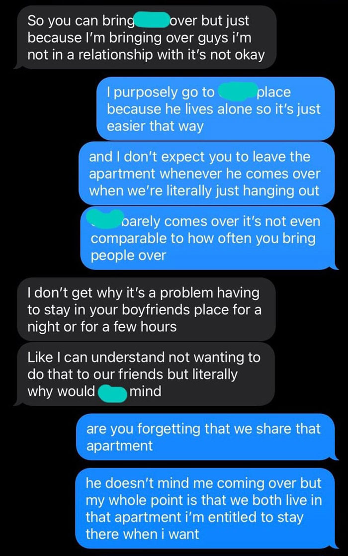 Text message conversation about a roommate expecting leaving the apartment when sleeping with guys at home. Text message conversation about a roommate expecting leaving the apartment when sleeping with guys at home.