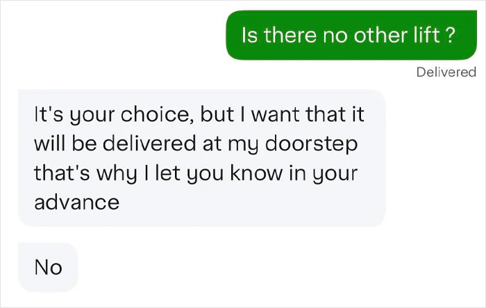 Text message exchange showing a customer demanding Instacart shopper deliver water despite no other lift available. Text message exchange showing a customer demanding Instacart shopper deliver water despite no other lift available.