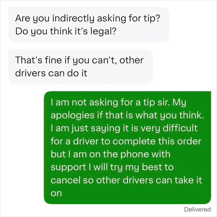 Text message exchange showing customer indirectly asking for a tip while demanding Instacart shopper drag water up 17 floors. Text message exchange showing customer indirectly asking for a tip while demanding Instacart shopper drag water up 17 floors.