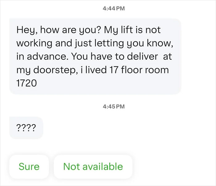 Text message from customer demanding Instacart shopper deliver water to 17th floor due to broken lift, hinting at tip request. Text message from customer demanding Instacart shopper deliver water to 17th floor due to broken lift, hinting at tip request.