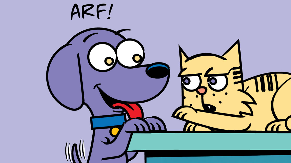 Cartoon of a playful rescue dog barking happily at a skeptical pedigree cat on a purple background.