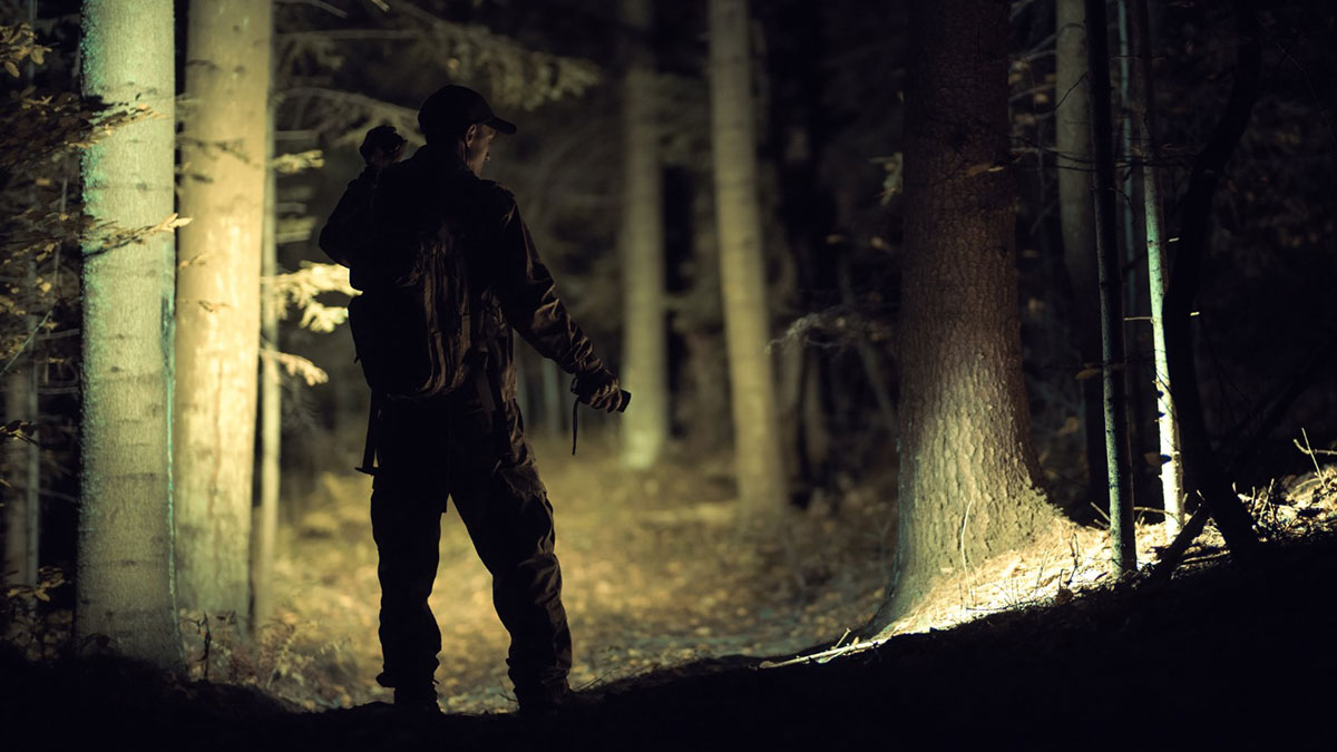 Person walking in the dark woods at night with flashlight, evoking the feeling of fear and sleeplessness in the woods.