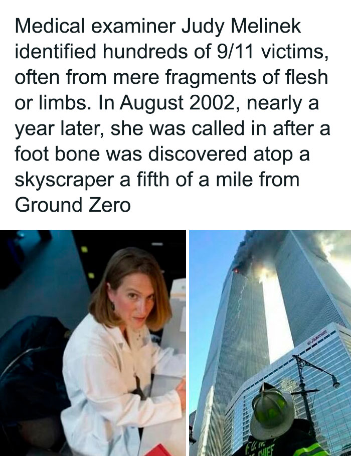 Medical examiner discussing 9/11 victim identification alongside image of burning Twin Towers and rescue worker.