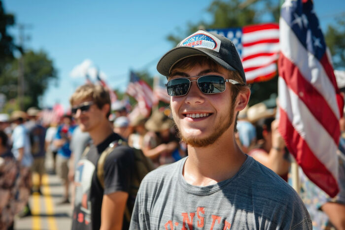 Young man wearing sunglasses and a cap at a crowded outdoor event, reflecting alpha vibe and overcompensating traits.