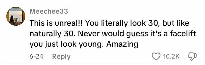 Comment praising a 51-year-old’s natural youthful look after a facelift, highlighting the best face lift and radical glow up. Comment praising a 51-year-old’s natural youthful look after a facelift, highlighting the best face lift and radical glow up.