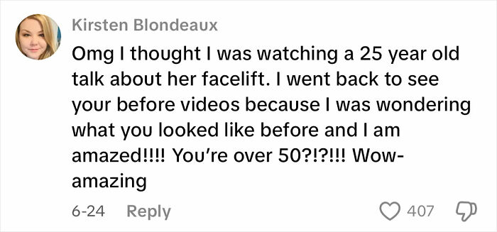 User comment about a 51-year-old's radical glow up and the best face lift netizens have seen, expressing amazement. User comment about a 51-year-old's radical glow up and the best face lift netizens have seen, expressing amazement.