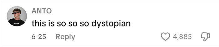 Screenshot of a social media comment saying this is so dystopian, with 4,885 likes, related to face lift glow up discussion. Screenshot of a social media comment saying this is so dystopian, with 4,885 likes, related to face lift glow up discussion.