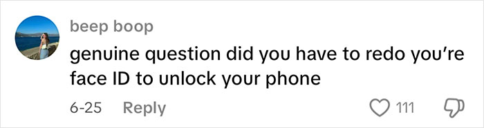 Comment on social media asking about redoing face ID to unlock phone, referencing a face lift glow up discussion. Comment on social media asking about redoing face ID to unlock phone, referencing a face lift glow up discussion.