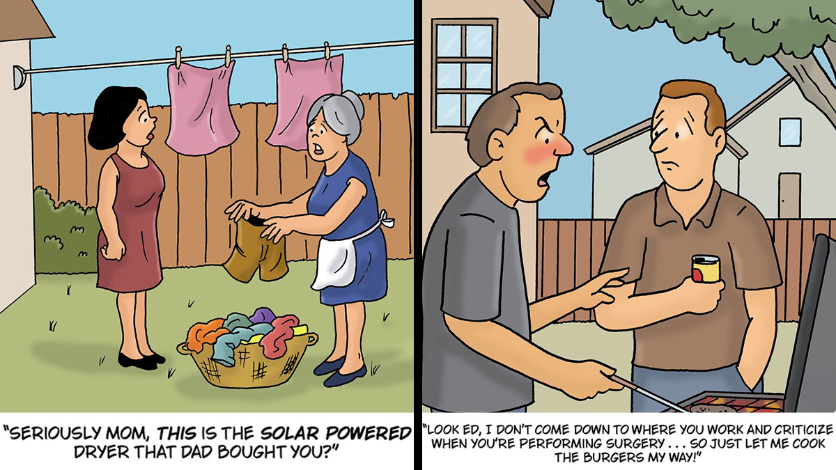 One-panel comics with humor and silly situations, featuring family and neighborhood interactions in colorful cartoon style.