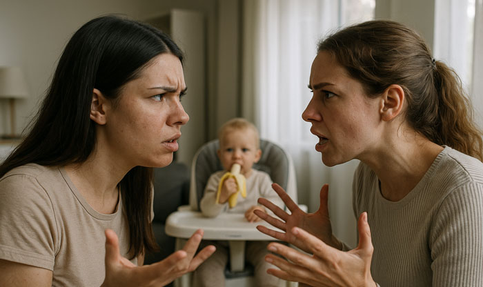 Two women arguing intensely while a baby eats a banana in the background, depicting family and caregiving conflict. Two women arguing intensely while a baby eats a banana in the background, depicting family and caregiving conflict.
