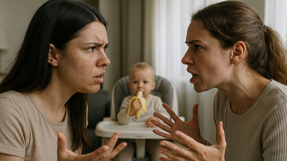 Two women arguing intensely while a toddler eats a banana in a high chair in the background.
