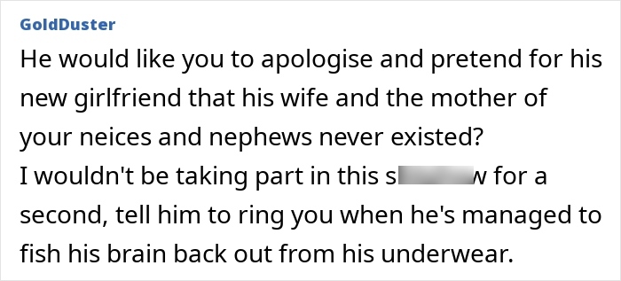 Screenshot of a forum comment discussing a brother swapping his wife and kids for a new flame and reacting to ex photos. Screenshot of a forum comment discussing a brother swapping his wife and kids for a new flame and reacting to ex photos.