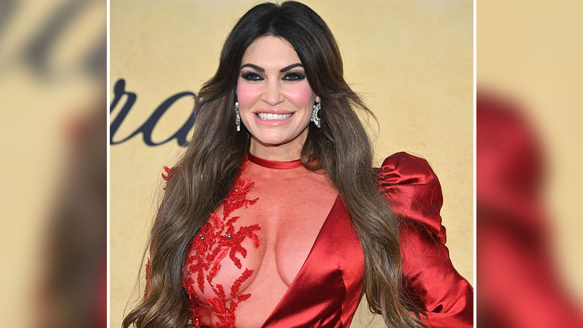 Kimberly Guilfoyle smiling in a red dress with long hair, showcasing six eras of change in her appearance before and after.
