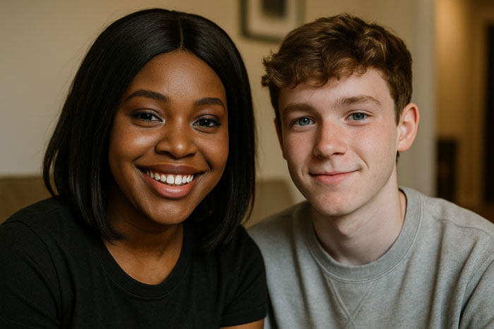 Teen boy and his Black girlfriend smiling together indoors, highlighting young interracial couple and comfort in clothing choices. Teen boy and his Black girlfriend smiling together indoors, highlighting young interracial couple and comfort in clothing choices.