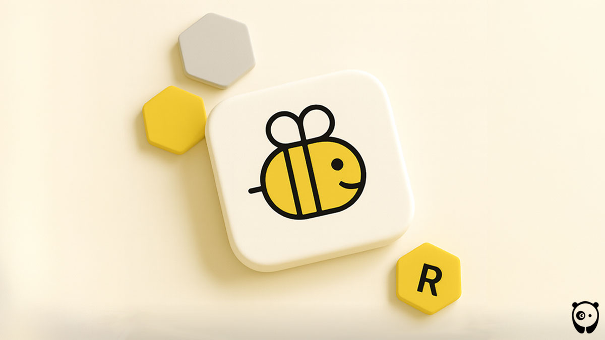 Square tile with a smiling bee icon surrounded by hexagonal yellow and gray tiles, representing spelling bee hints and answers.