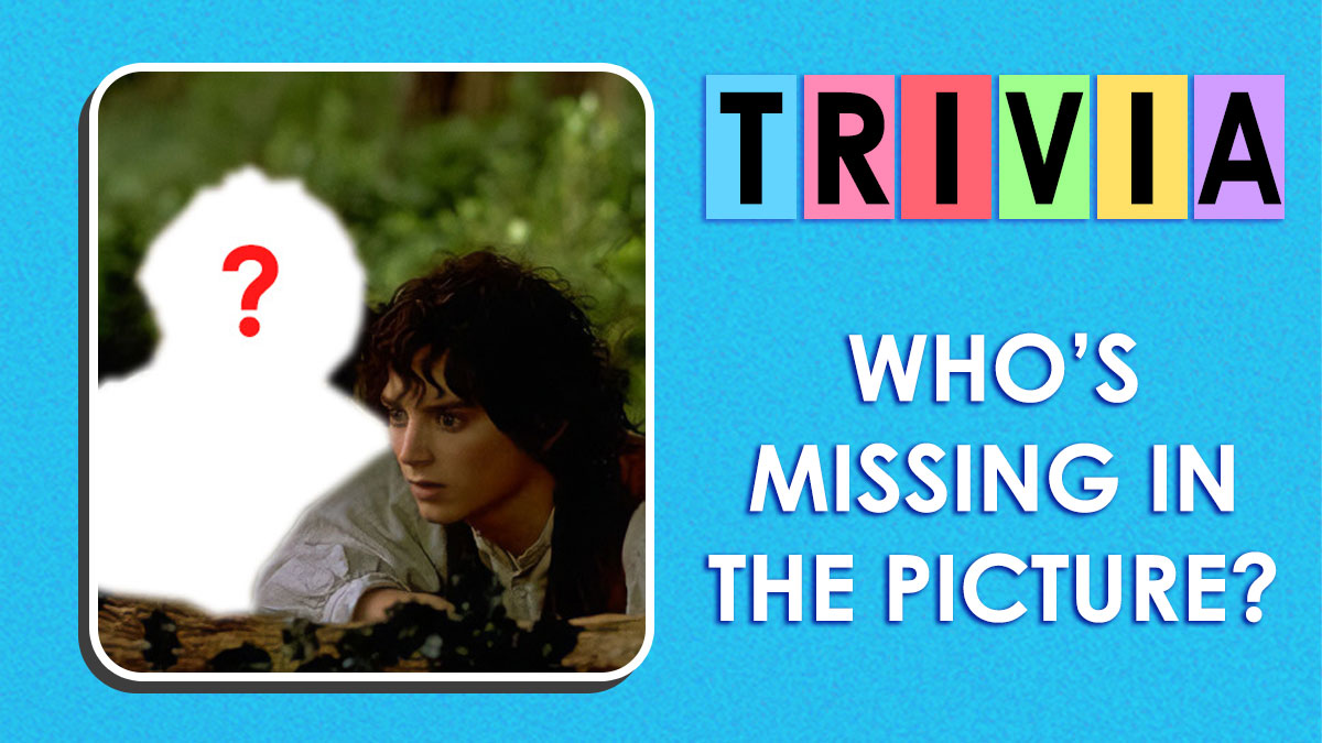 Scene from a movie with a character missing marked by a question mark, pop culture fans trivia challenge on a blue background.