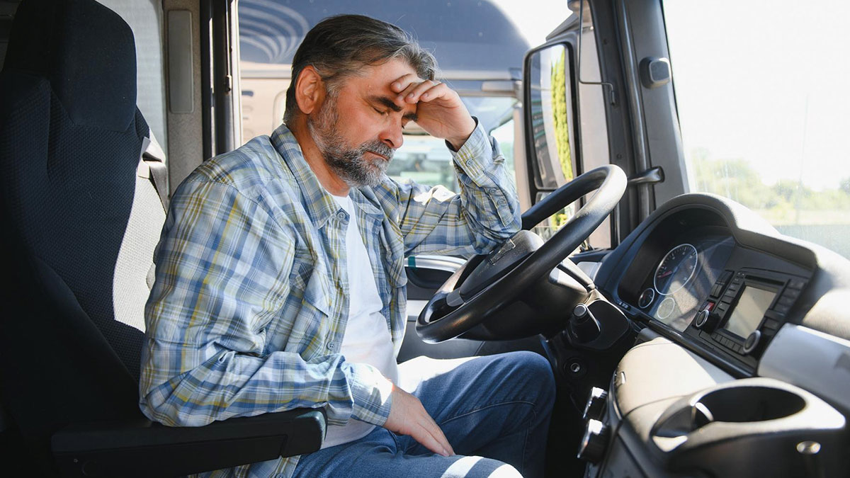 Man sitting in a work truck looking stressed and upset, possibly facing consequences of illegal parking and drinking.