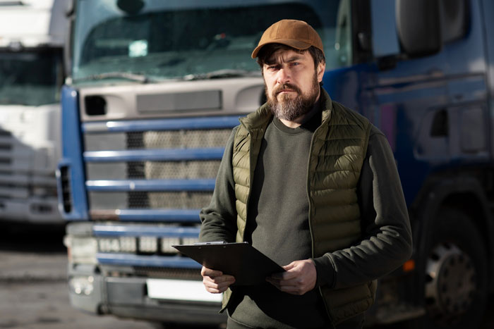 Man with clipboard standing near work truck, portraying a scene related to illegal parking and work truck incidents. Man with clipboard standing near work truck, portraying a scene related to illegal parking and work truck incidents.