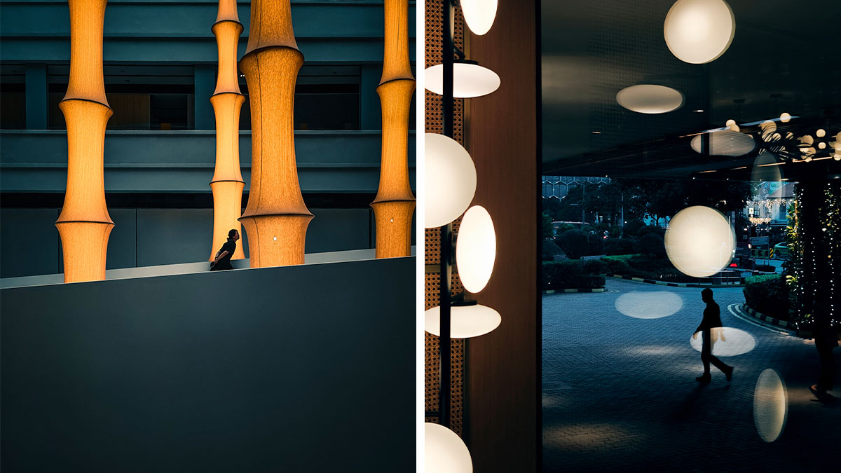 Poetic cinematic images featuring large illuminated pillars and silhouettes of people in urban night scenes.