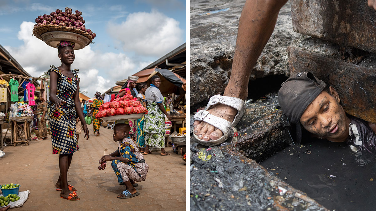 Market scene with women and child carrying produce, alongside a man working in a polluted water drain, showcasing diverse cultures.