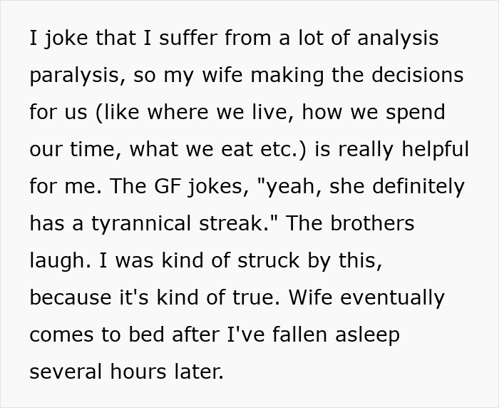 Text excerpt showing a husband describing his wife's controlling nature and underlying resentment during a reluctant trip. Text excerpt showing a husband describing his wife's controlling nature and underlying resentment during a reluctant trip.