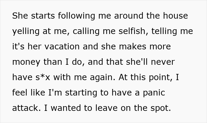 Text excerpt showing a husband feeling humiliated and stressed as his wife unleashes years of resentment during an unwanted trip. Text excerpt showing a husband feeling humiliated and stressed as his wife unleashes years of resentment during an unwanted trip.