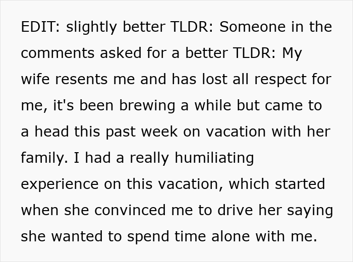 Alt text: Text describing a husband’s humiliating experience as his wife unleashes years of resentment during an unwanted trip. Alt text: Text describing a husband’s humiliating experience as his wife unleashes years of resentment during an unwanted trip.