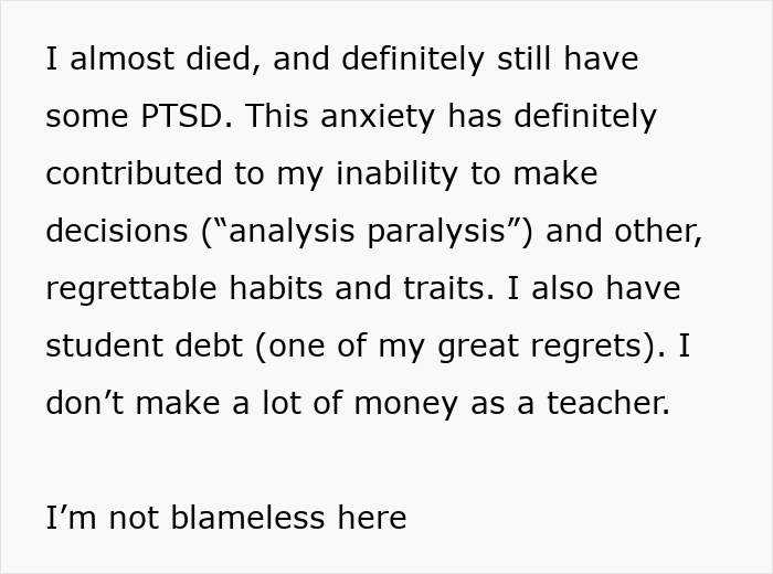 Text excerpt showing a person discussing PTSD, anxiety, and regrets including student debt and low teacher income. Text excerpt showing a person discussing PTSD, anxiety, and regrets including student debt and low teacher income.