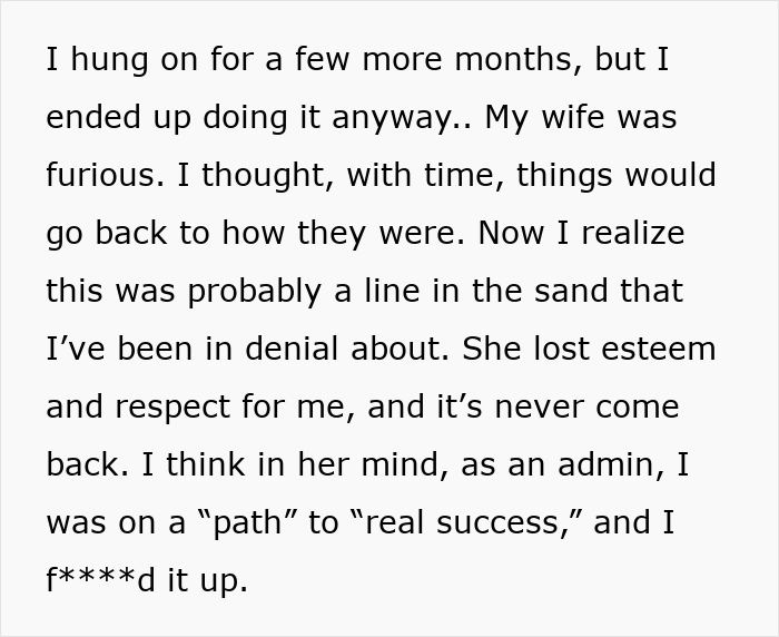 Text excerpt showing a husband reflecting on his wife's fury and lost respect after a trip he didn't want to take. Text excerpt showing a husband reflecting on his wife's fury and lost respect after a trip he didn't want to take.