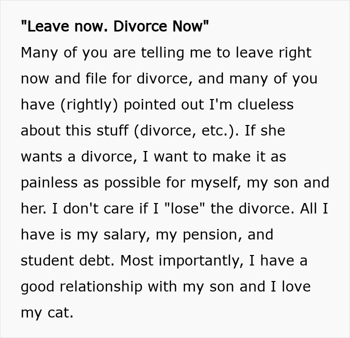 Alt text: Text about divorce advice reflecting years of resentment and unwanted trip tensions between husband and wife. Alt text: Text about divorce advice reflecting years of resentment and unwanted trip tensions between husband and wife.