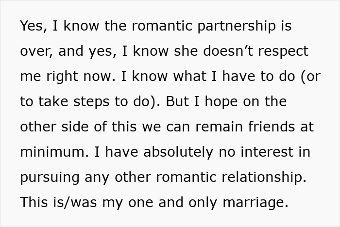 Text excerpt showing husband's reflections on a troubled marriage and lack of interest in pursuing new relationships. Text excerpt showing husband's reflections on a troubled marriage and lack of interest in pursuing new relationships.