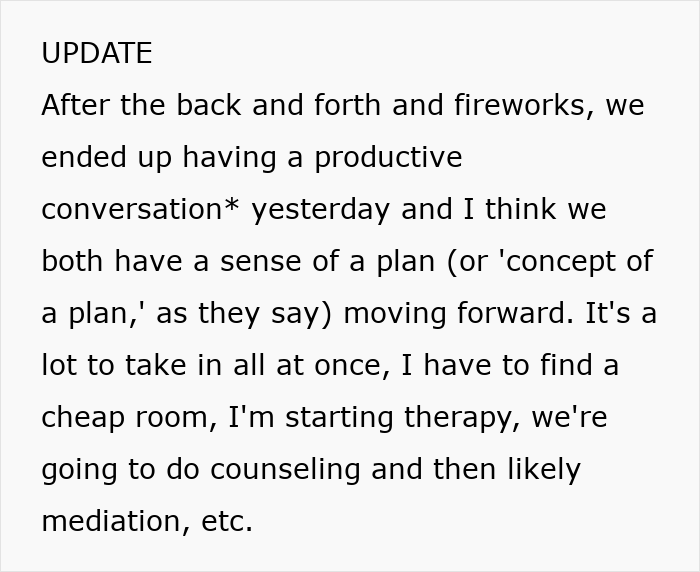 Text update about a productive conversation and plans including therapy, counseling, and mediation after a difficult husband-wife trip. Text update about a productive conversation and plans including therapy, counseling, and mediation after a difficult husband-wife trip.