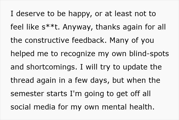 Text expressing struggle with mental health and gratitude for feedback while planning to take a social media break for self-care. Text expressing struggle with mental health and gratitude for feedback while planning to take a social media break for self-care.