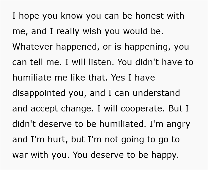 Text showing a husband expressing hurt and willingness to cooperate after being humiliated by his wife during a trip. Text showing a husband expressing hurt and willingness to cooperate after being humiliated by his wife during a trip.