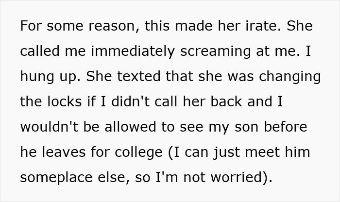 Text message describing a wife unleashing years of resentment and threatening to change locks during a trip the husband didn’t want. Text message describing a wife unleashing years of resentment and threatening to change locks during a trip the husband didn’t want.
