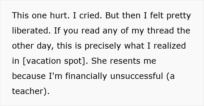 Text excerpt showing a husband reflecting on his wife's resentment and their difficult vacation he did not want to take. Text excerpt showing a husband reflecting on his wife's resentment and their difficult vacation he did not want to take.