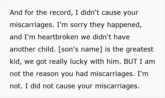 Text message showing a wife expressing heartbreak and denying responsibility for husband's miscarriages and resentment. Text message showing a wife expressing heartbreak and denying responsibility for husband's miscarriages and resentment.