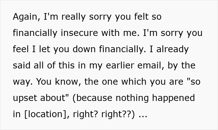 Alt text: Email showing wife expressing resentment and financial insecurity toward husband during unwanted trip discussion Alt text: Email showing wife expressing resentment and financial insecurity toward husband during unwanted trip discussion