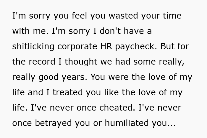 Text excerpt showing a husband's heartfelt response amid wife humiliating husband by unleashing years of resentment on a trip. Text excerpt showing a husband's heartfelt response amid wife humiliating husband by unleashing years of resentment on a trip.
