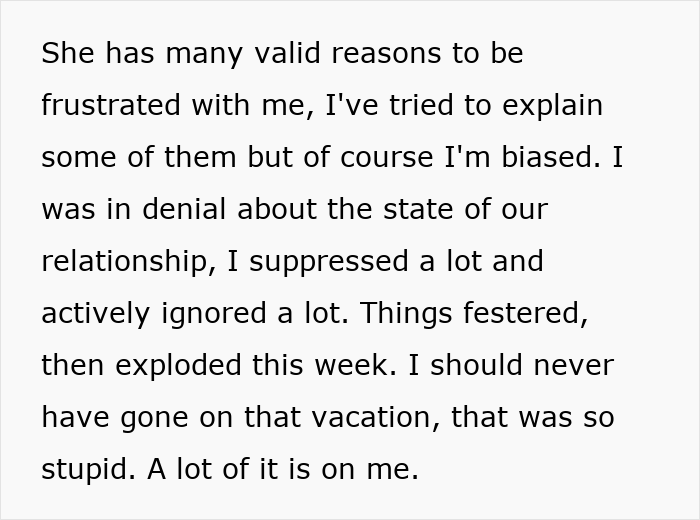 Text explaining regret and suppressed resentment in a troubled relationship during a vacation the husband didn’t want to take. Text explaining regret and suppressed resentment in a troubled relationship during a vacation the husband didn’t want to take.
