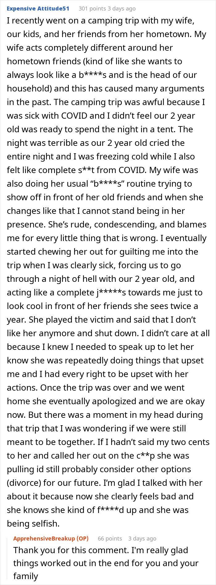 Reddit comment about wife humiliating husband by unleashing years of resentment on an unwanted trip with family and friends. Reddit comment about wife humiliating husband by unleashing years of resentment on an unwanted trip with family and friends.