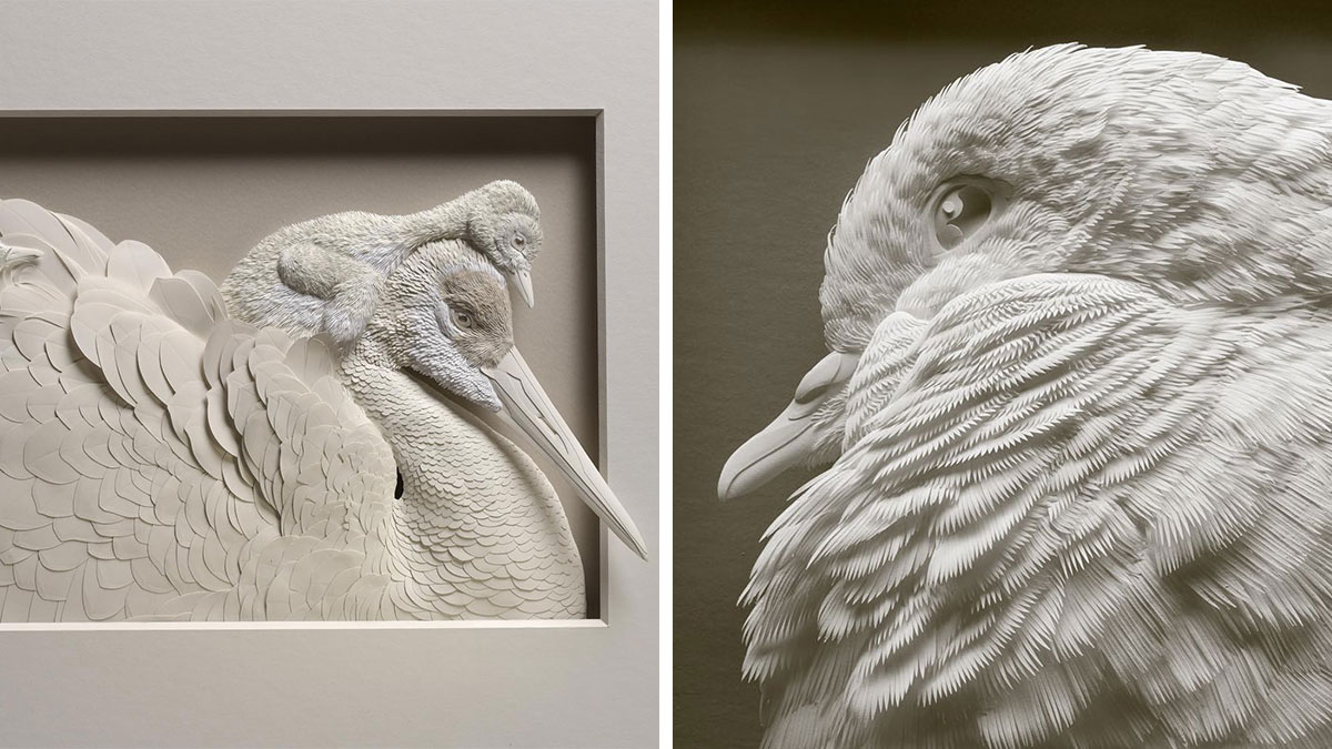 Detailed wildlife sculptures crafted from simple paper, showcasing stunningly realistic bird textures and lifelike features.