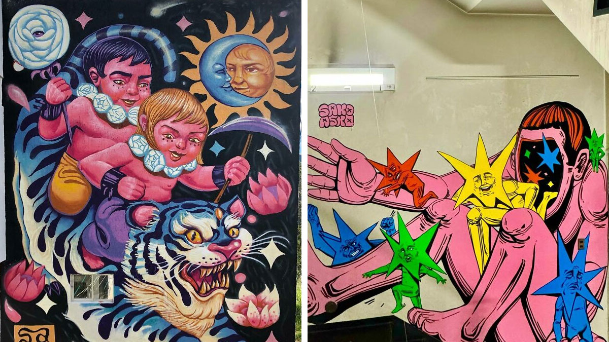 Colorful murals by Colombian artist SakoAsko featuring fantasy characters blending surreal and real elements in bold, vibrant styles.