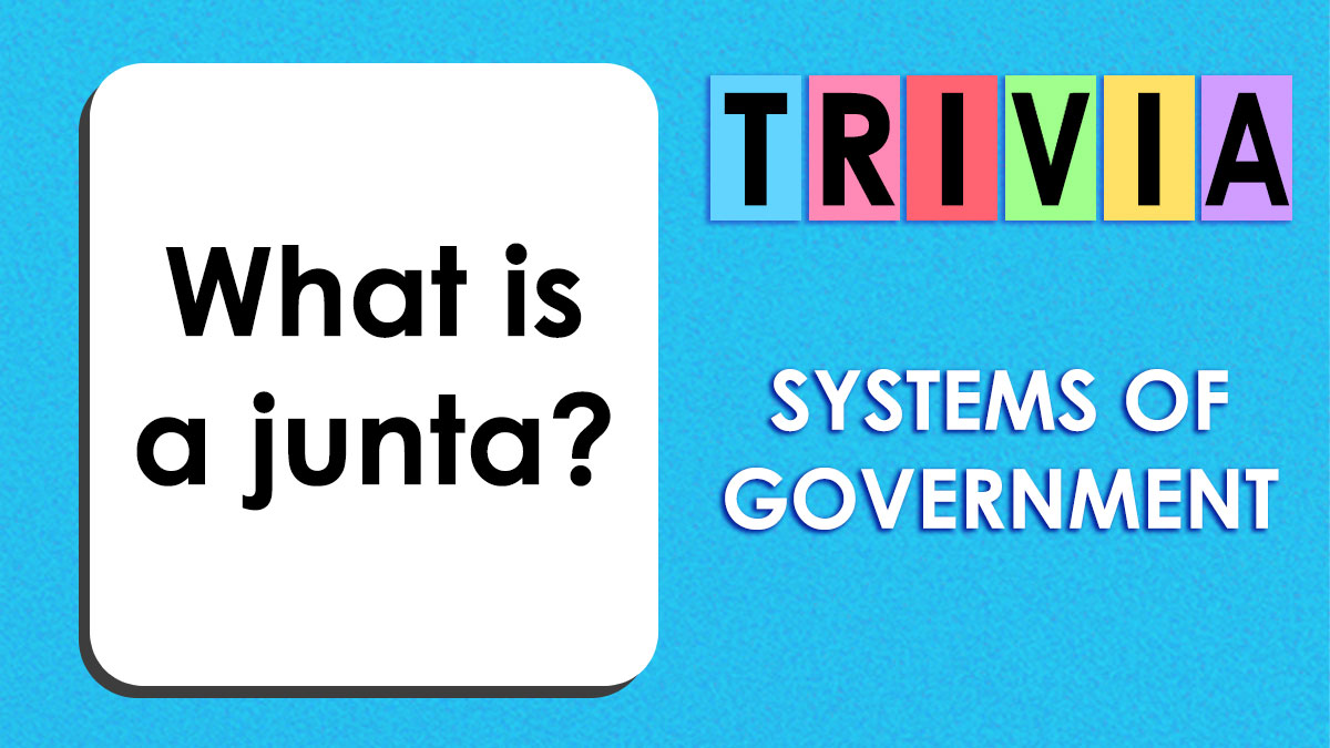 Trivia card on systems of government asking what a junta is, related to USA direct democracy quiz.