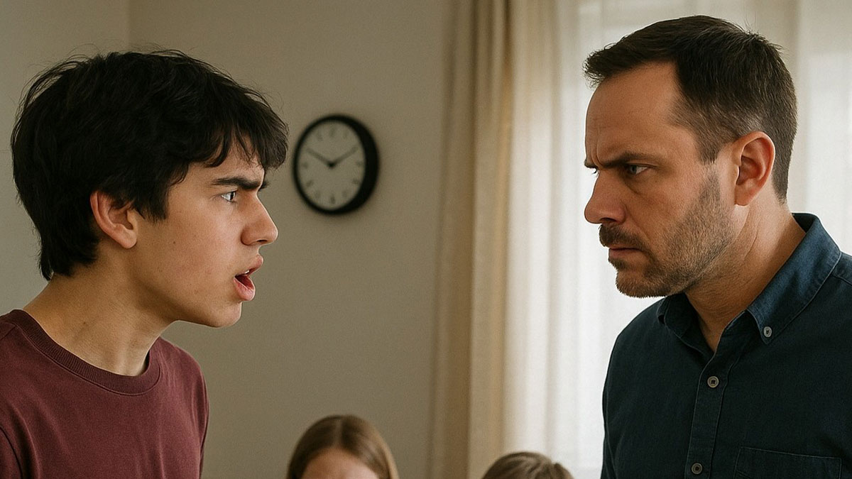 Angry man and teen stepson having intense confrontation inside home, reflecting struggles to become real dad figure.