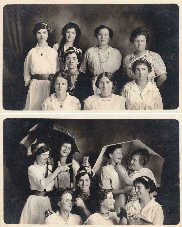 Group of women in early 1900s vintage clothing posing for candid glimpses into the past historical photos.