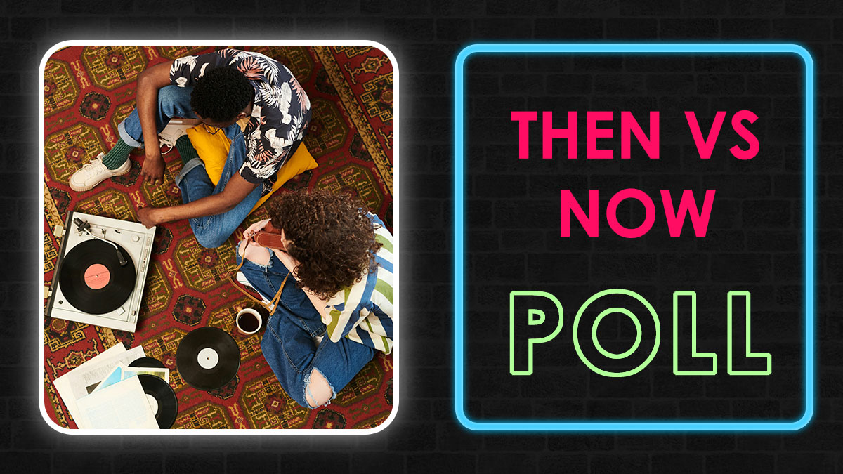 Two people enjoying vinyl records on a rug beside a neon then vs now poll sign showing retro versus modern scenarios.