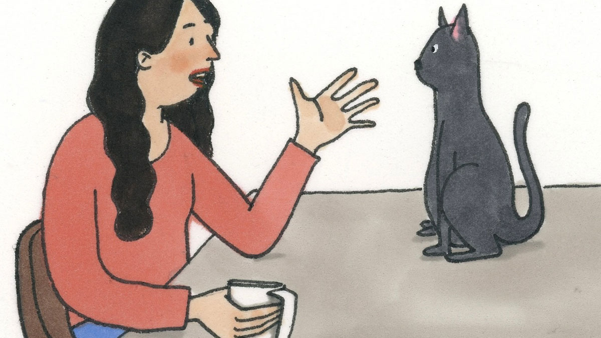 Illustration of a woman sharing private moments with a cat, capturing wholesome things people do in private.